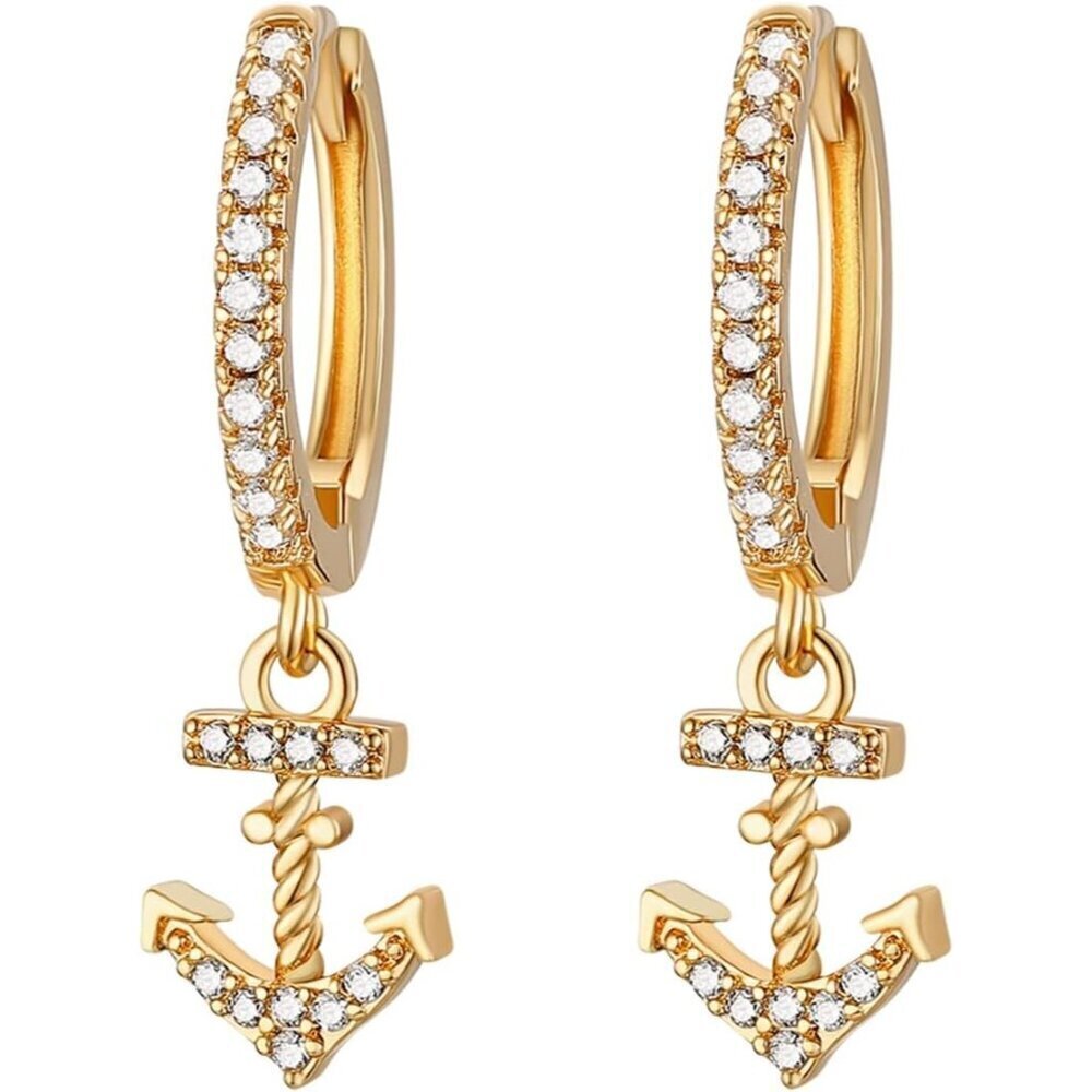 Nautical Anchor Dangle Earrings 14K Gold Plated Cubic Zirconia Women Gift